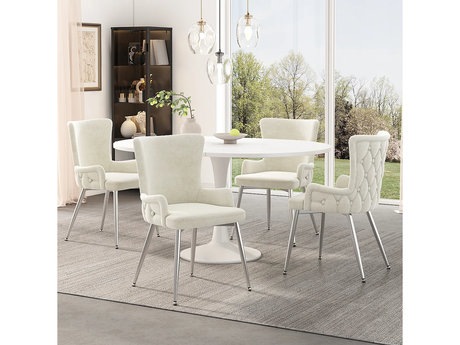 Set van 6 beige fluwelen stoelen met zilverkleurige metalen poten