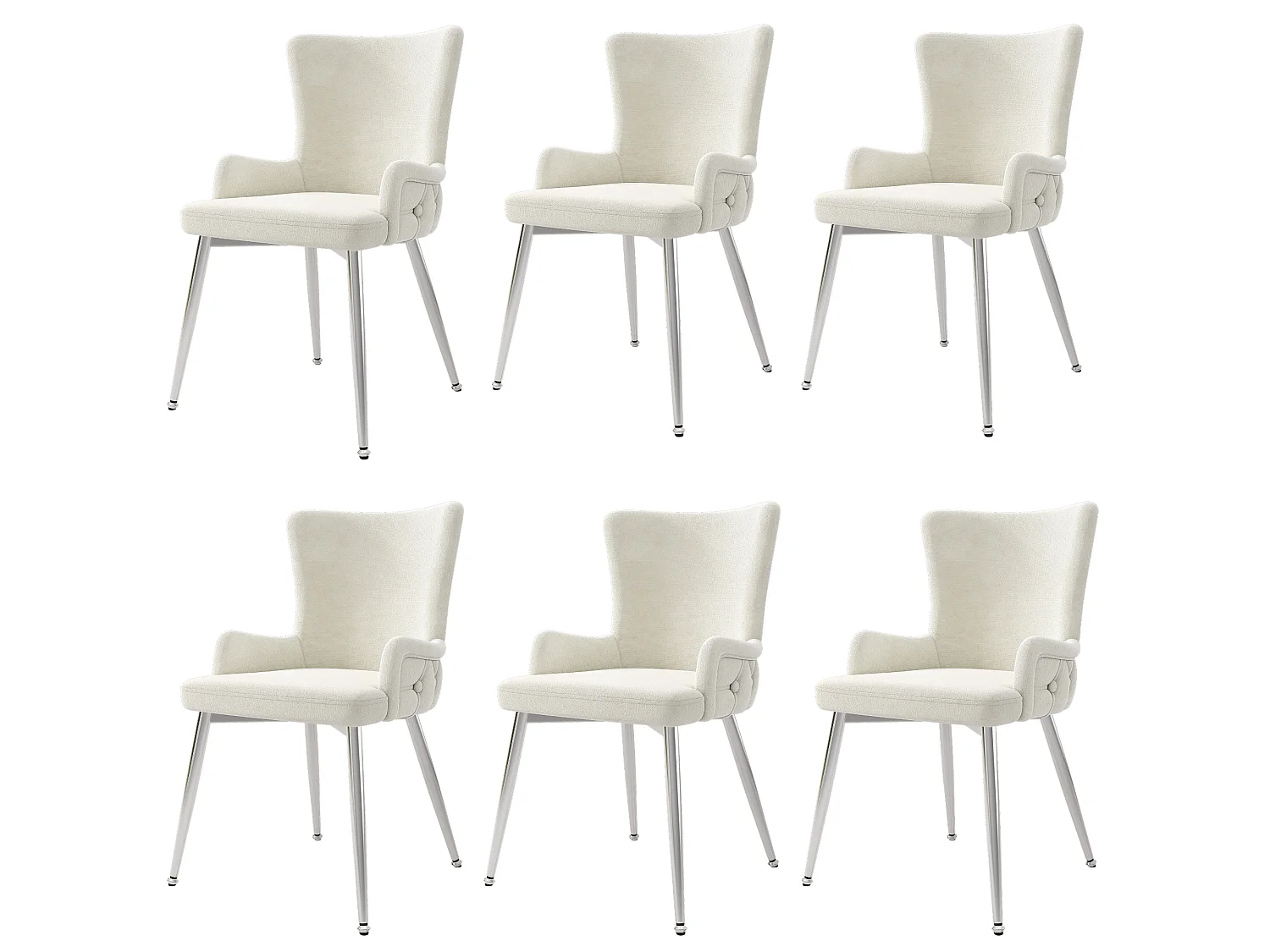 Set van 6 beige fluwelen stoelen met zilverkleurige metalen poten