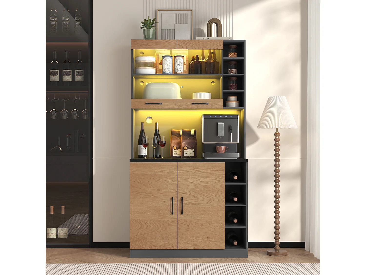 Kitchen sideboard 100x47x187cm - with LED lighting - 2 doors - Natural + Black