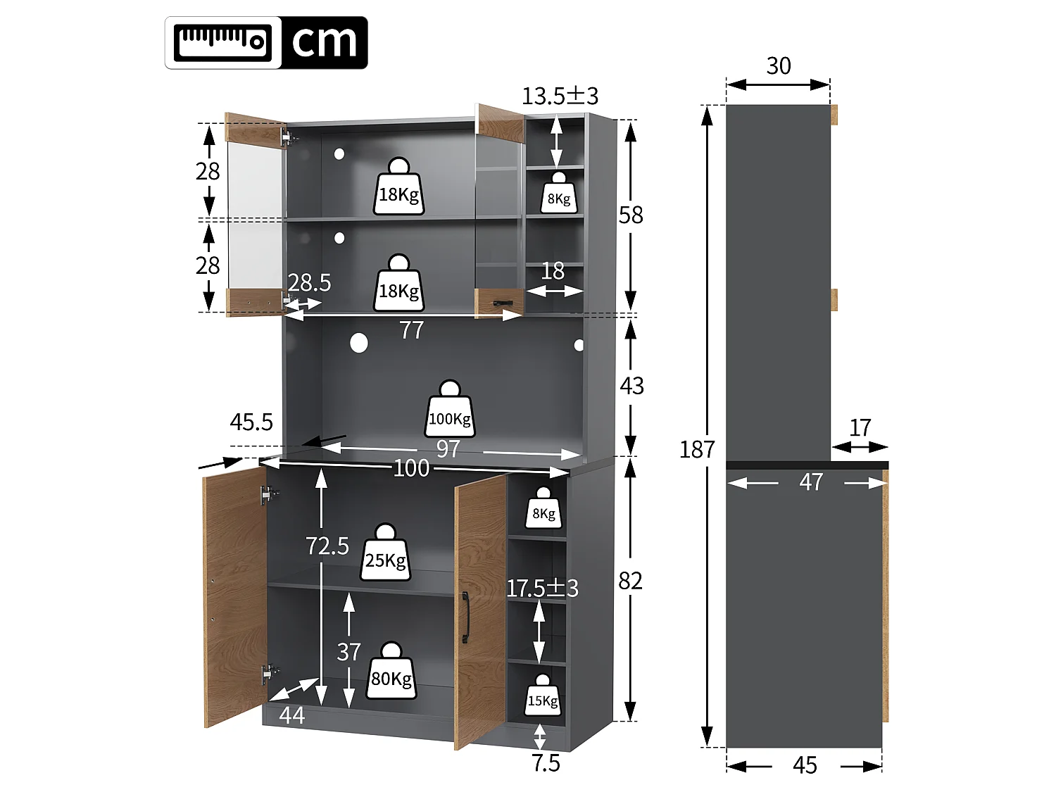 Kitchen sideboard 100x47x187cm - with LED lighting - 2 doors - Natural + Black