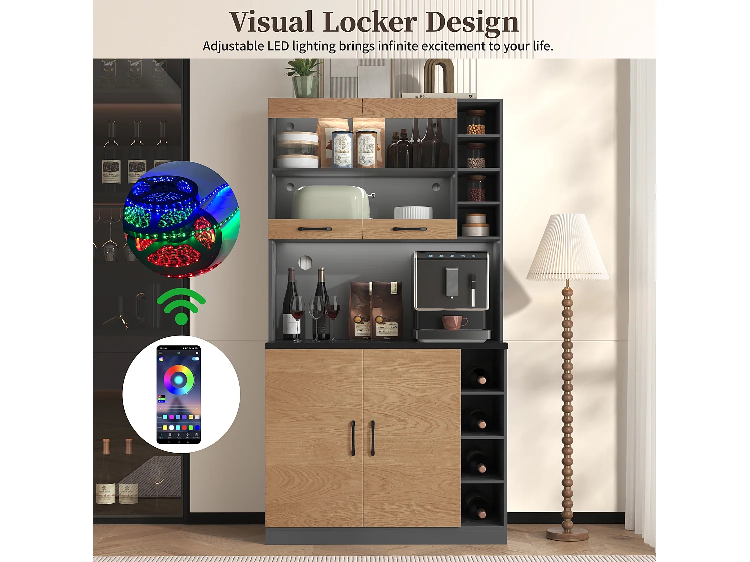 Kitchen sideboard 100x47x187cm - with LED lighting - 2 doors - Natural + Black