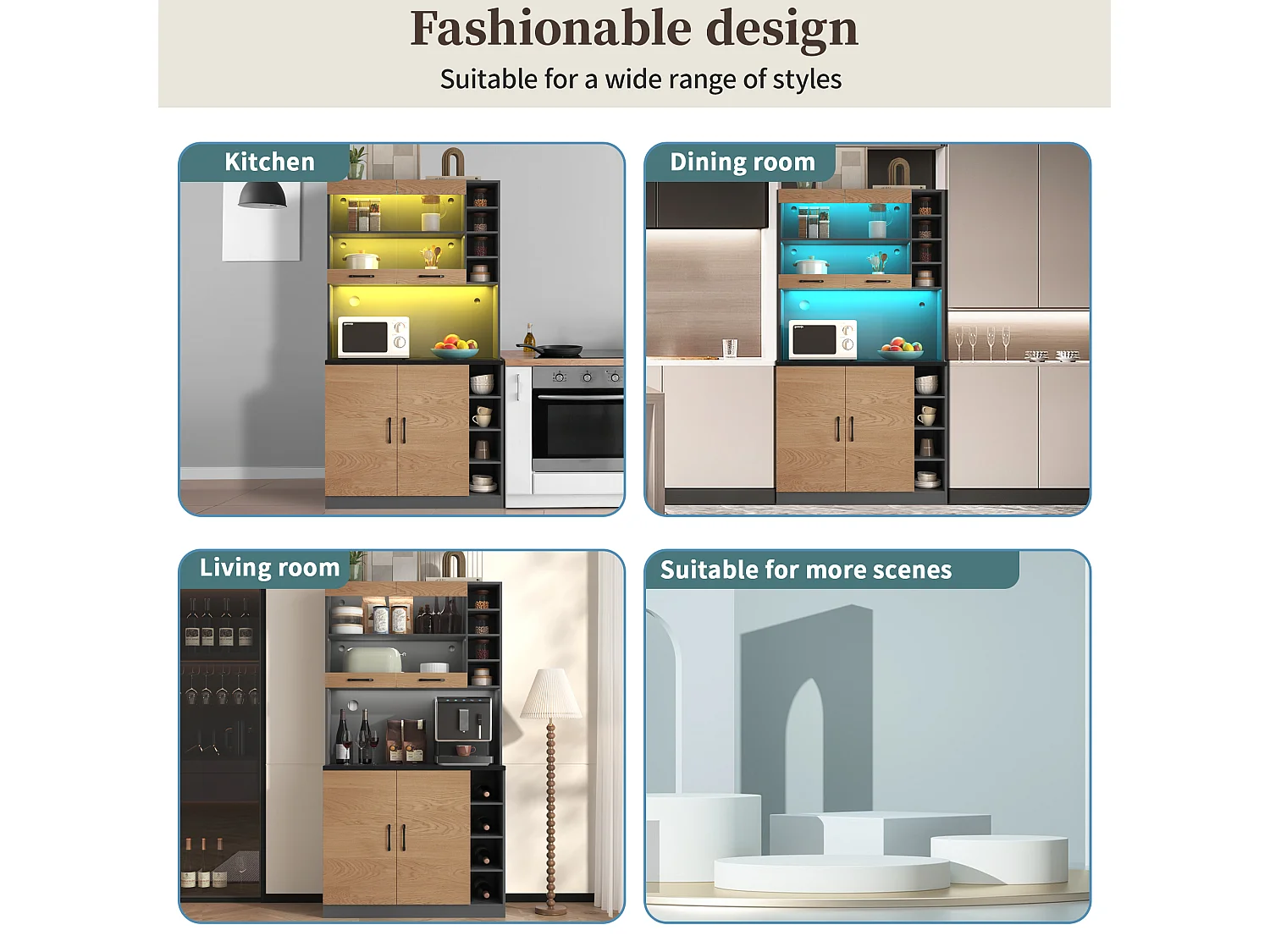 Kitchen sideboard 100x47x187cm - with LED lighting - 2 doors - Natural + Black