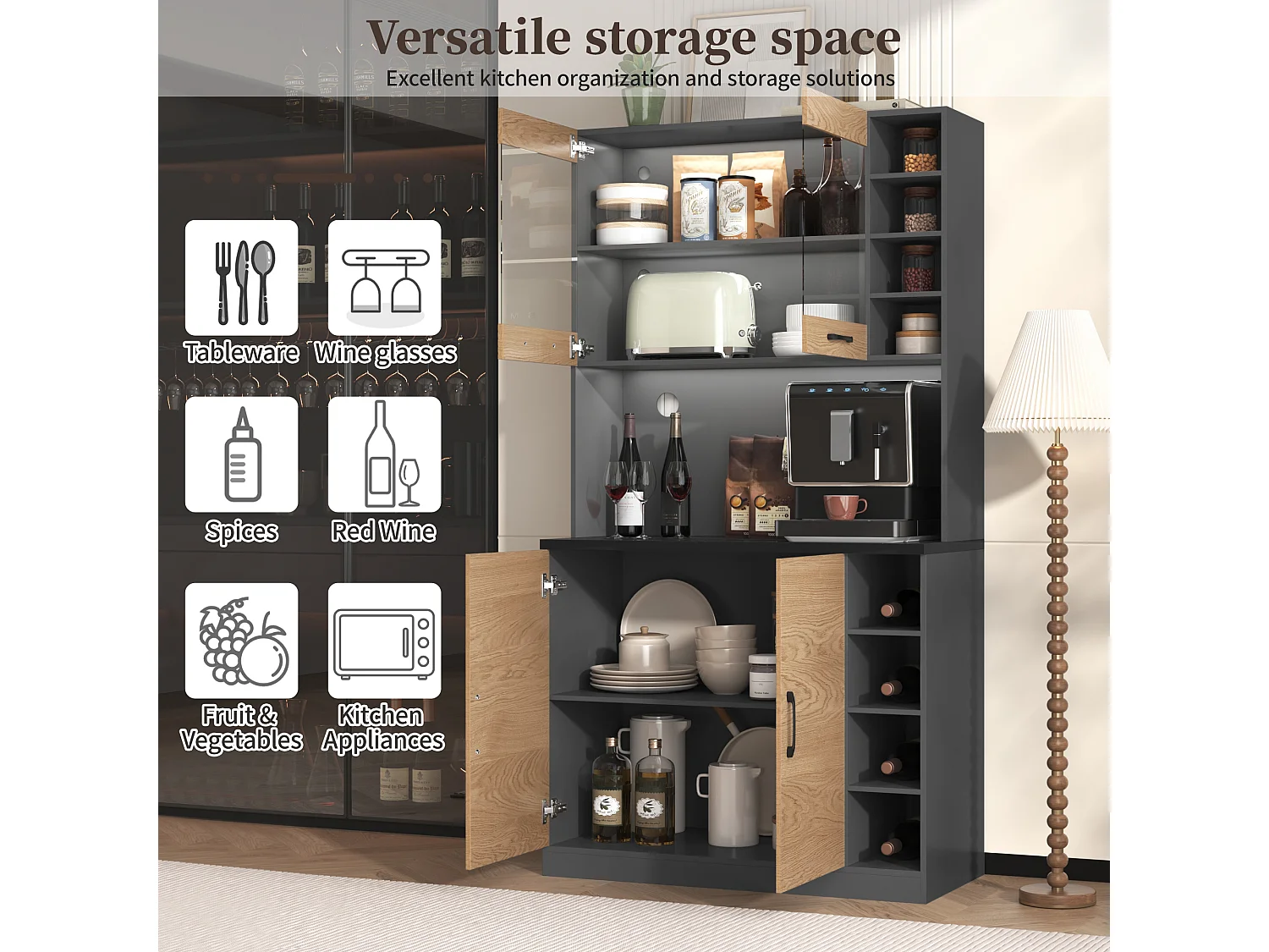 Kitchen sideboard 100x47x187cm - with LED lighting - 2 doors - Natural + Black