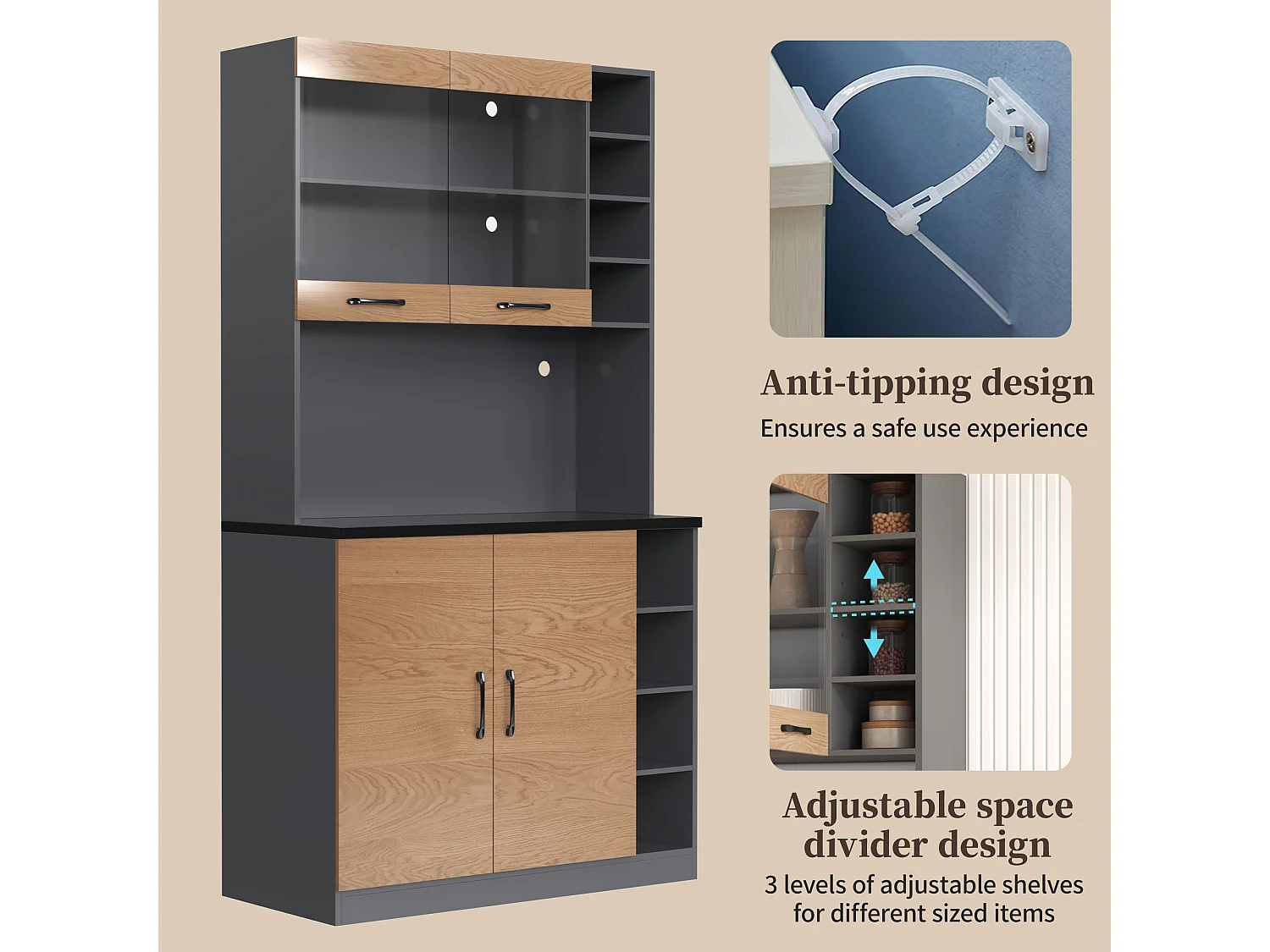 Kitchen sideboard 100x47x187cm - with LED lighting - 2 doors - Natural + Black