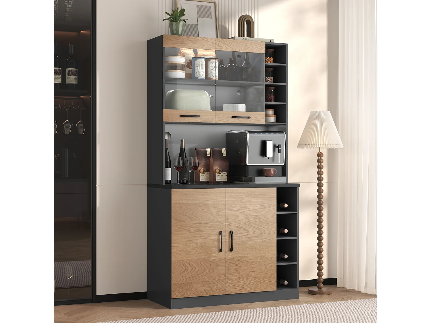 Kitchen sideboard 100x47x187cm - with LED lighting - 2 doors - Natural + Black