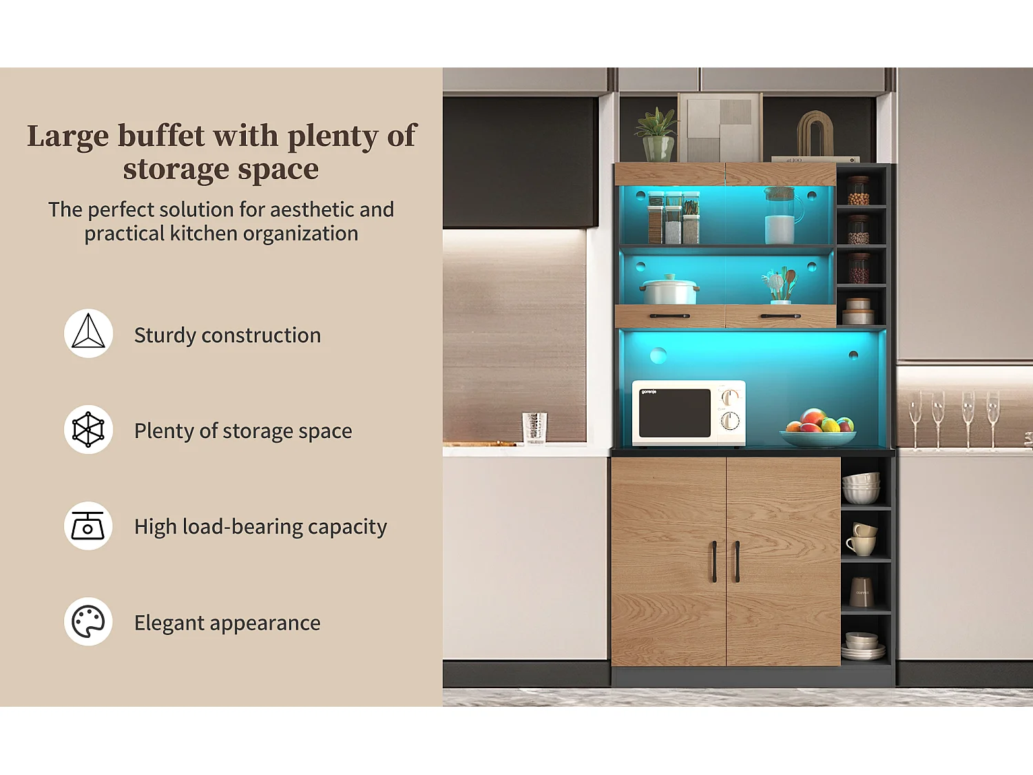Kitchen sideboard 100x47x187cm - with LED lighting - 2 doors - Natural + Black