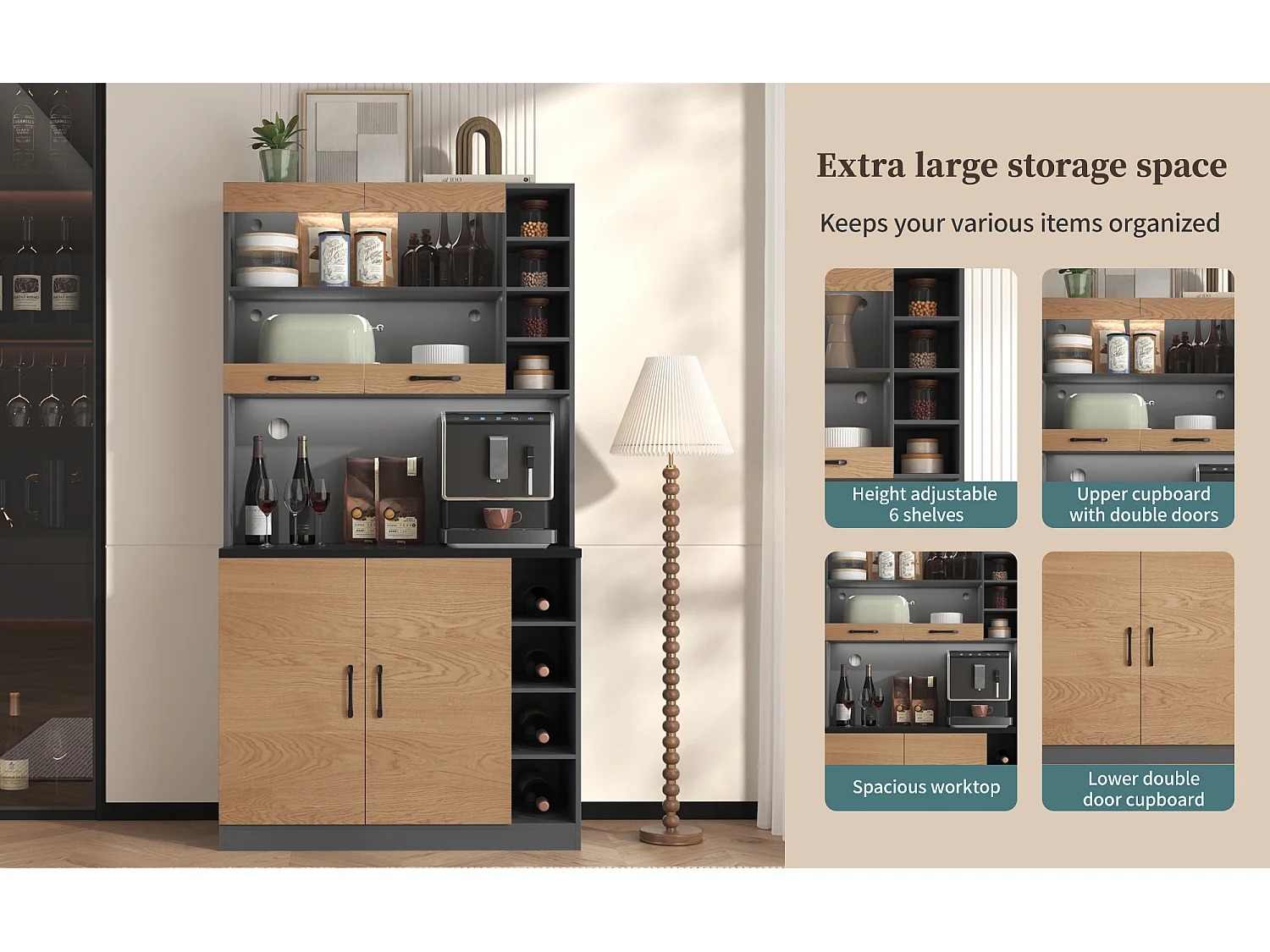 Kitchen sideboard 100x47x187cm - with LED lighting - 2 doors - Natural + Black