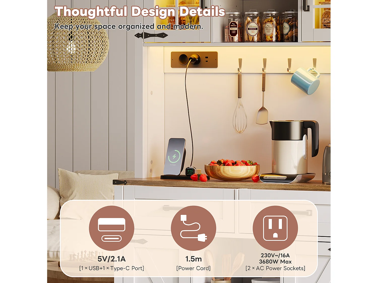 Kitchen sideboard 100x40x172cm - with USB and power outlet - with LED lighting - 4 doors and 1 drawer - White+Natural
