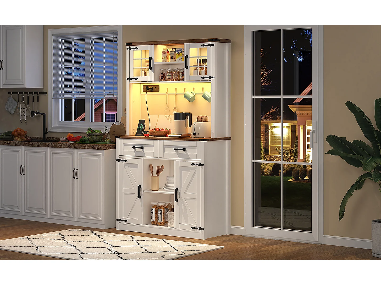 Kitchen sideboard 100x40x172cm - with USB and power outlet - with LED lighting - 4 doors and 1 drawer - White+Natural