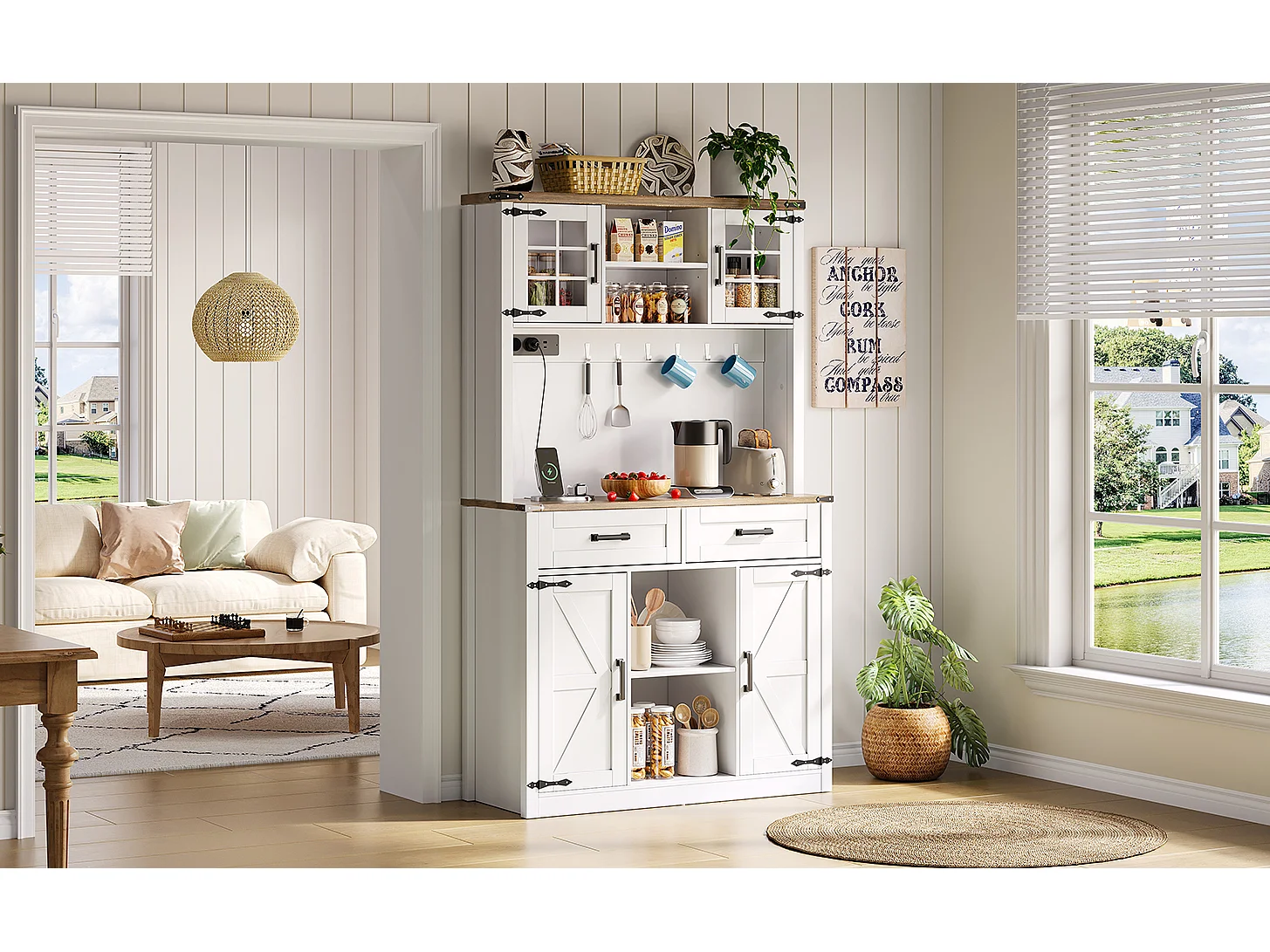Kitchen sideboard 100x40x172cm - with USB and power outlet - with LED lighting - 4 doors and 1 drawer - White+Natural