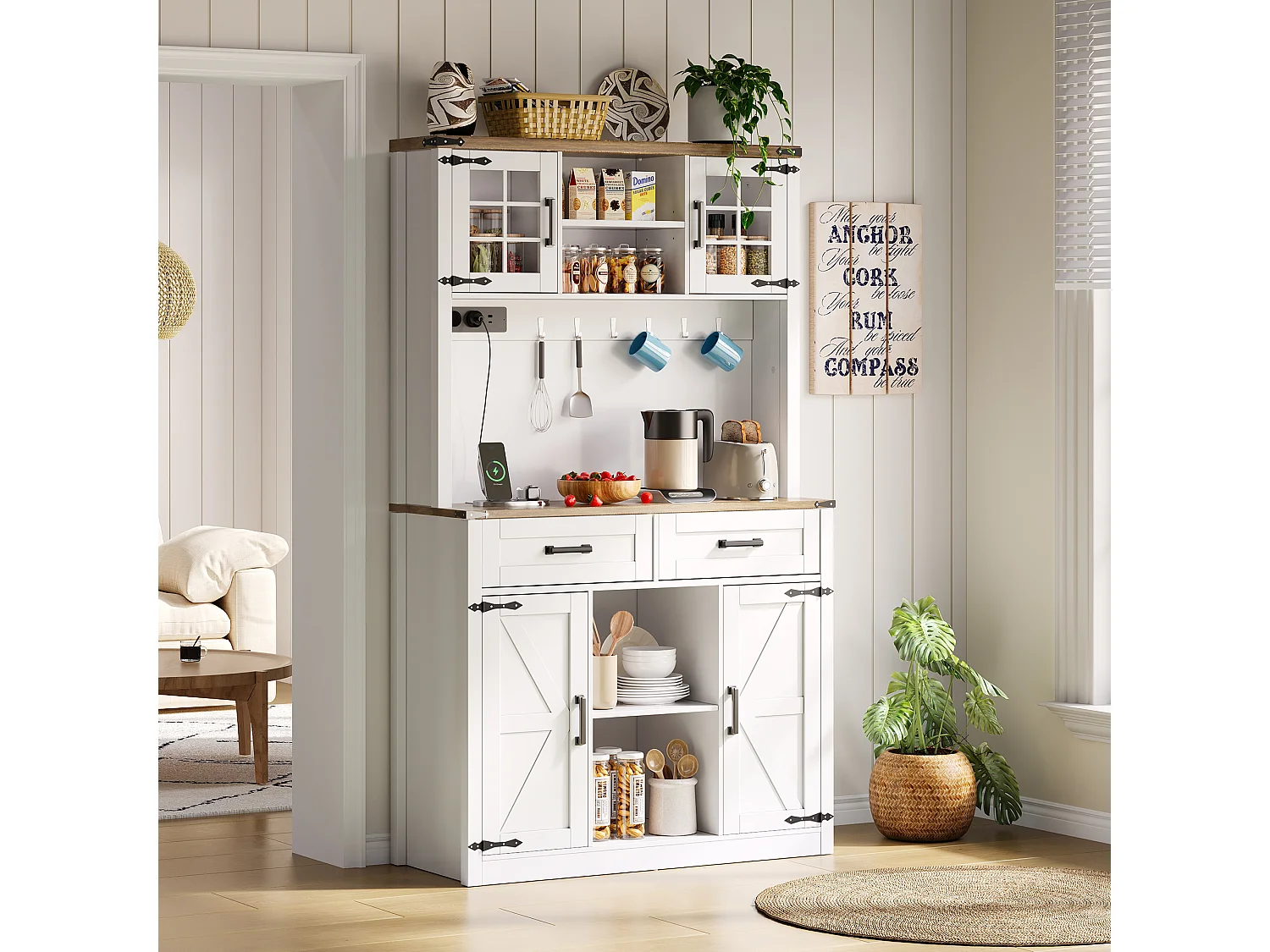 Kitchen sideboard 100x40x172cm - with USB and power outlet - with LED lighting - 4 doors and 1 drawer - White+Natural