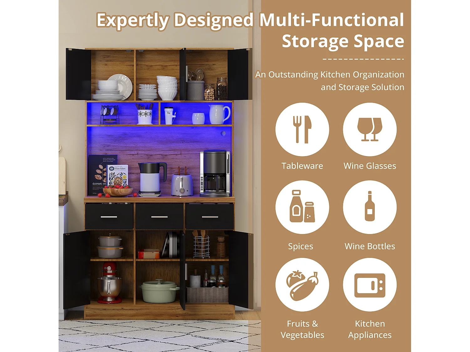 Kitchen sideboard with LED lighting - 6 doors, 3 drawers and 3 open compartments - Black