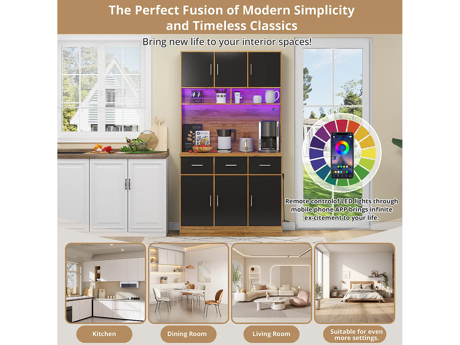 Kitchen sideboard with LED lighting - 6 doors, 3 drawers and 3 open compartments - Black