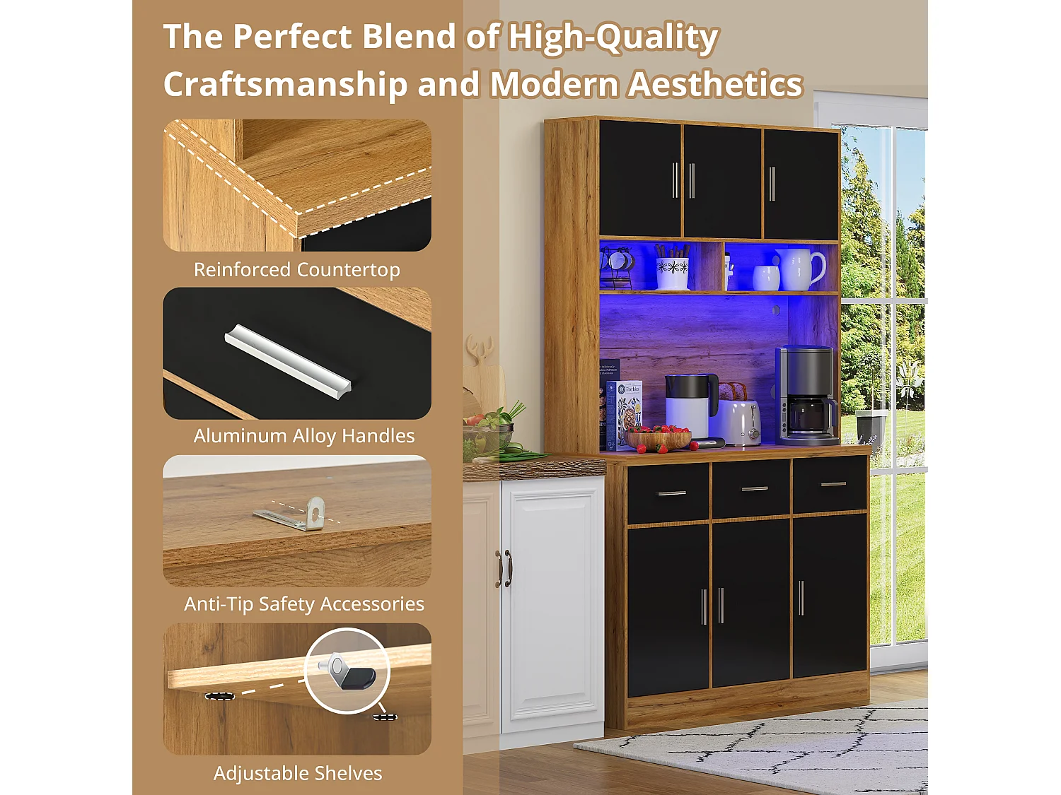 Kitchen sideboard with LED lighting - 6 doors, 3 drawers and 3 open compartments - Black