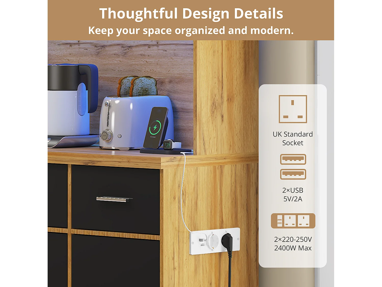 Kitchen sideboard with LED lighting - 6 doors, 3 drawers and 3 open compartments - Black