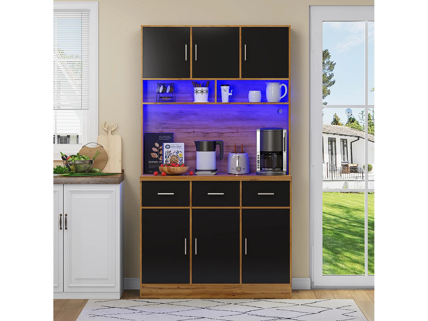 Kitchen sideboard with LED lighting - 6 doors, 3 drawers and 3 open compartments - Black