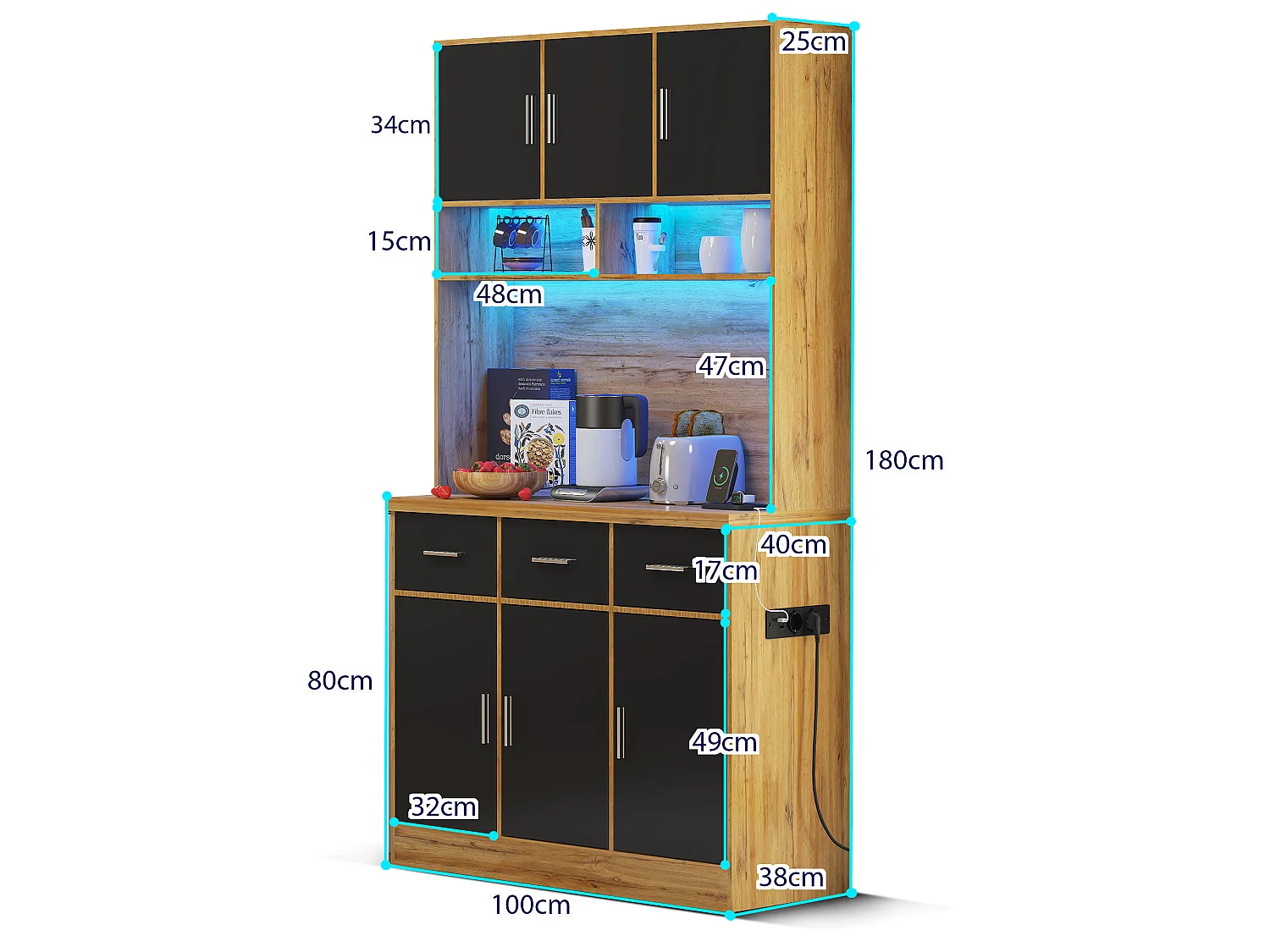 Kitchen sideboard with LED lighting - 6 doors, 3 drawers and 3 open compartments - Black