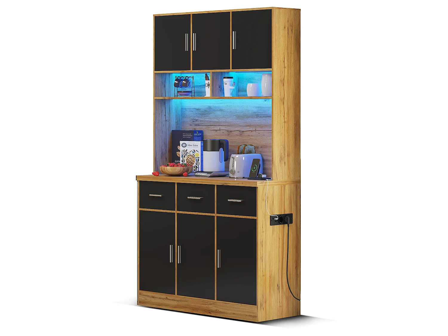 Kitchen sideboard with LED lighting - 6 doors, 3 drawers and 3 open compartments - Black