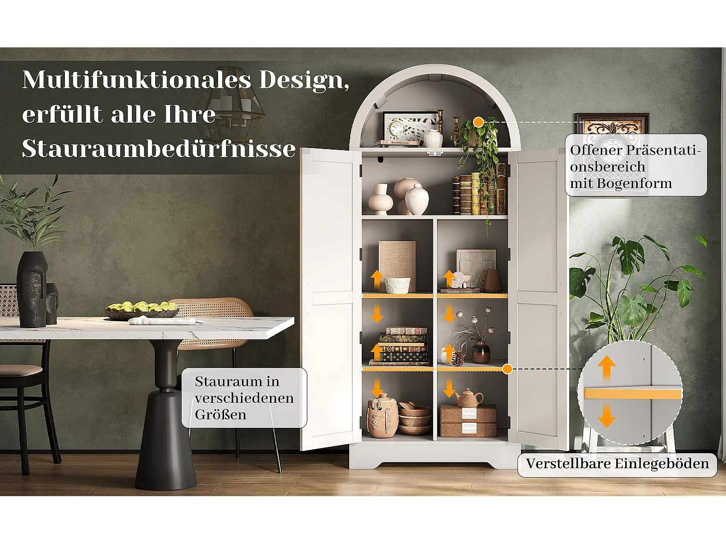 Curved kitchen sideboard 70x35x170 cm - with 2 doors - upper open shelf - country style - White