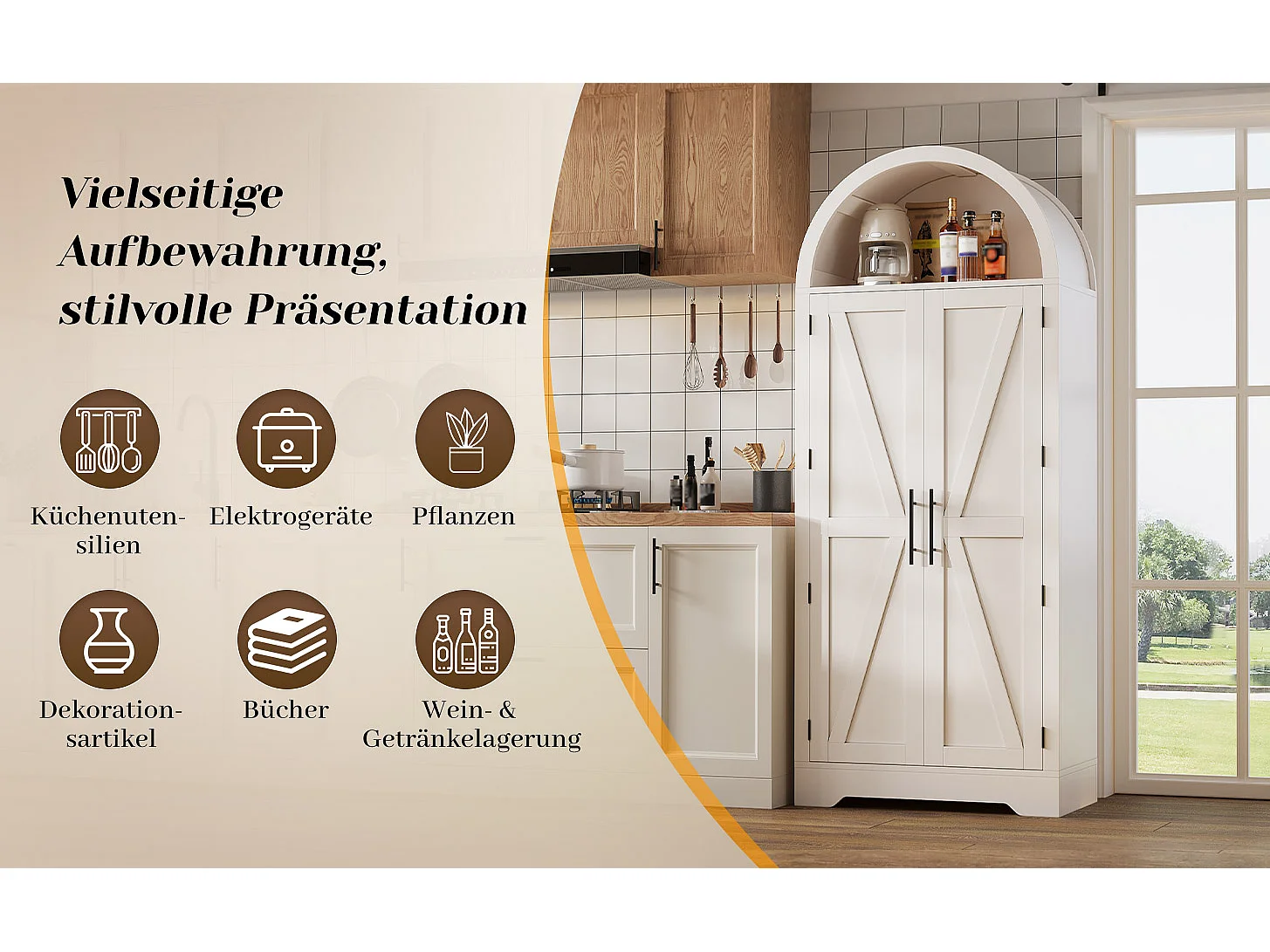 Curved kitchen sideboard 70x35x170 cm - with 2 doors - upper open shelf - country style - White
