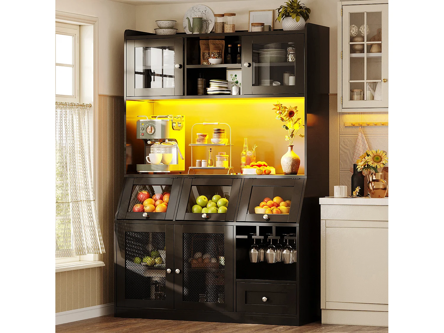 Buffet de Cuisine Grand Vaisselier 120x40x181.7cm - avec USB - avec des portes vitrées et un éclairage LED - Noir