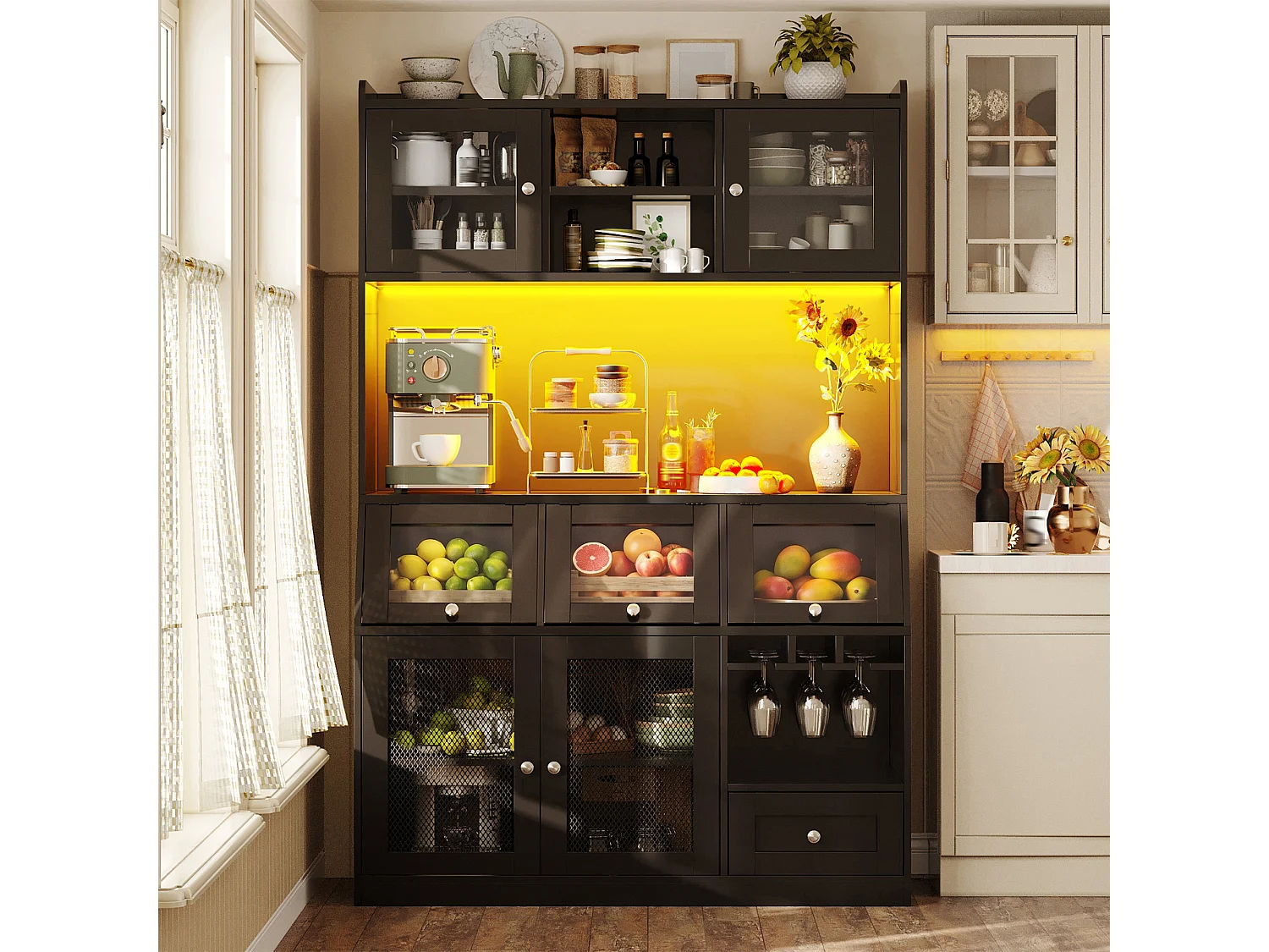 Buffet de Cuisine Grand Vaisselier 120x40x181.7cm - avec USB - avec des portes vitrées et un éclairage LED - Noir
