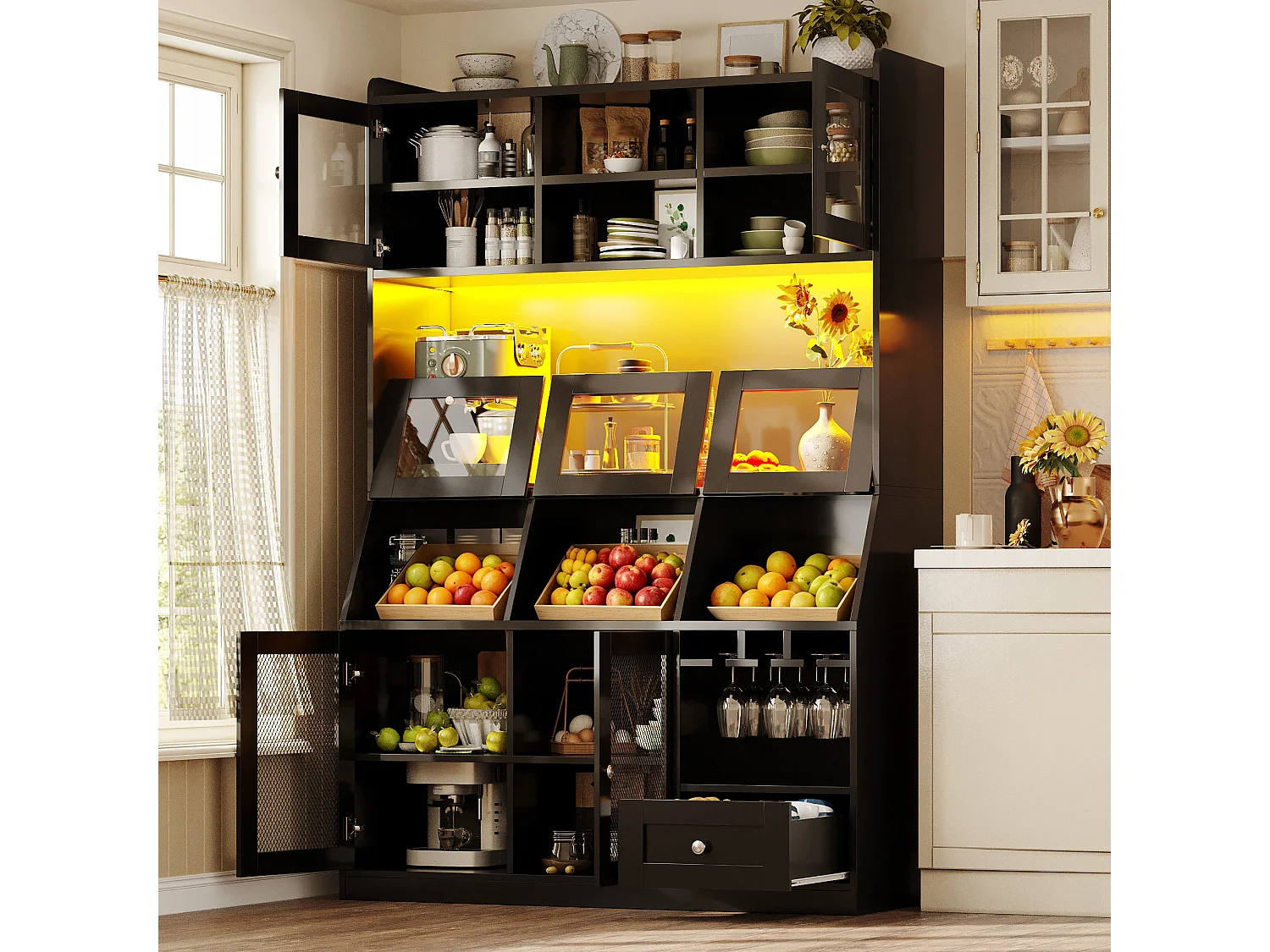 Buffet de Cuisine Grand Vaisselier 120x40x181.7cm - avec USB - avec des portes vitrées et un éclairage LED - Noir