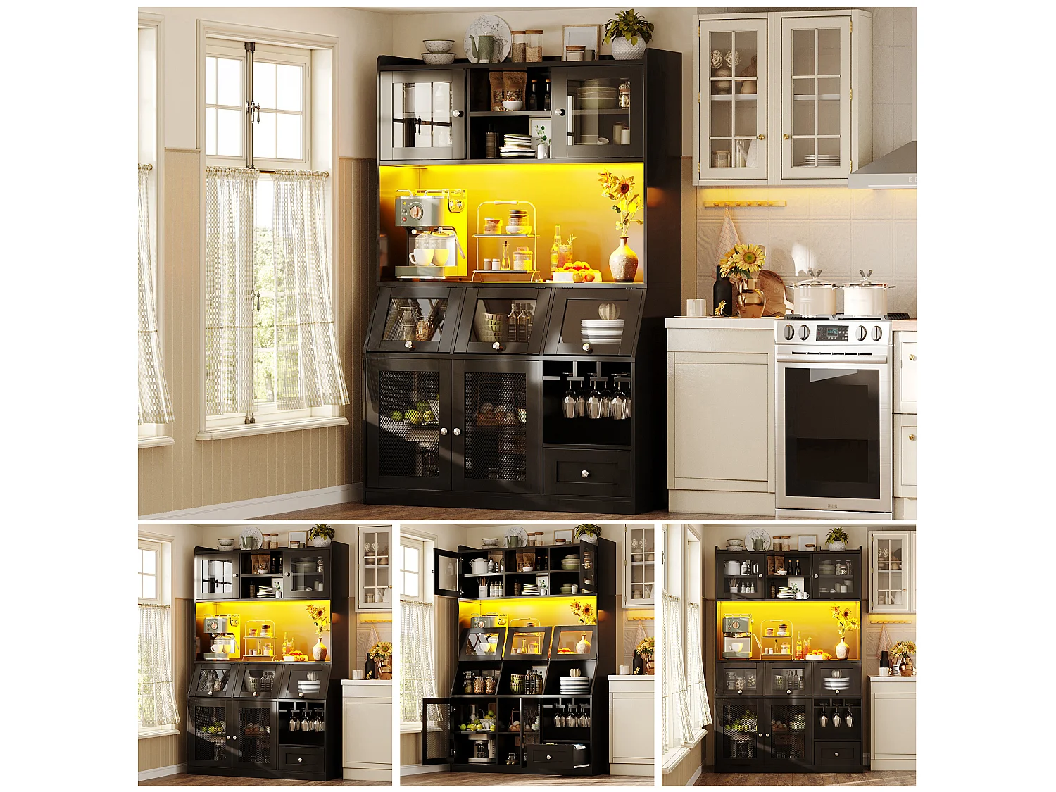 Buffet de Cuisine Grand Vaisselier 120x40x181.7cm - avec USB - avec des portes vitrées et un éclairage LED - Noir