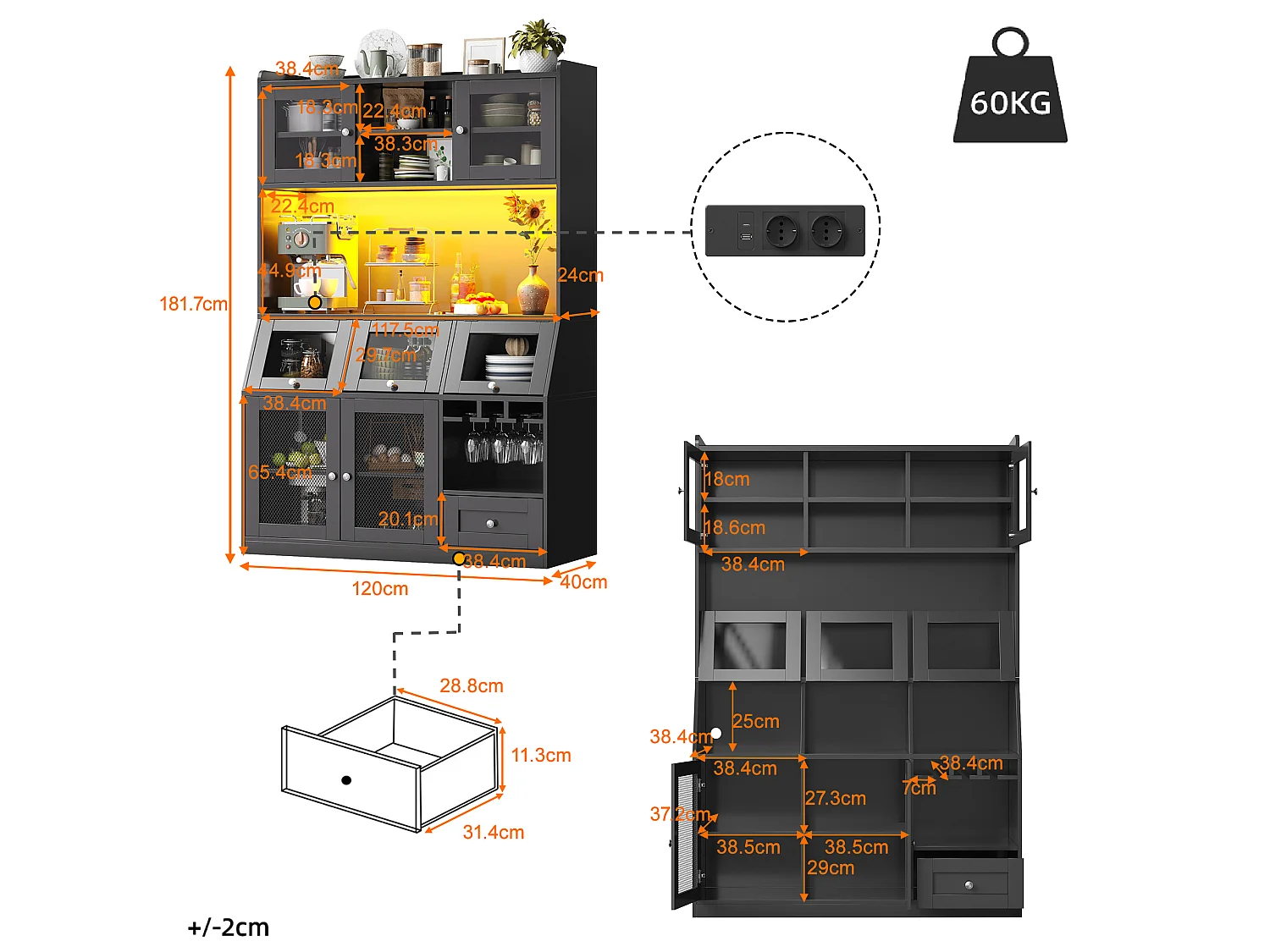 Buffet de Cuisine Grand Vaisselier 120x40x181.7cm - avec USB - avec des portes vitrées et un éclairage LED - Noir