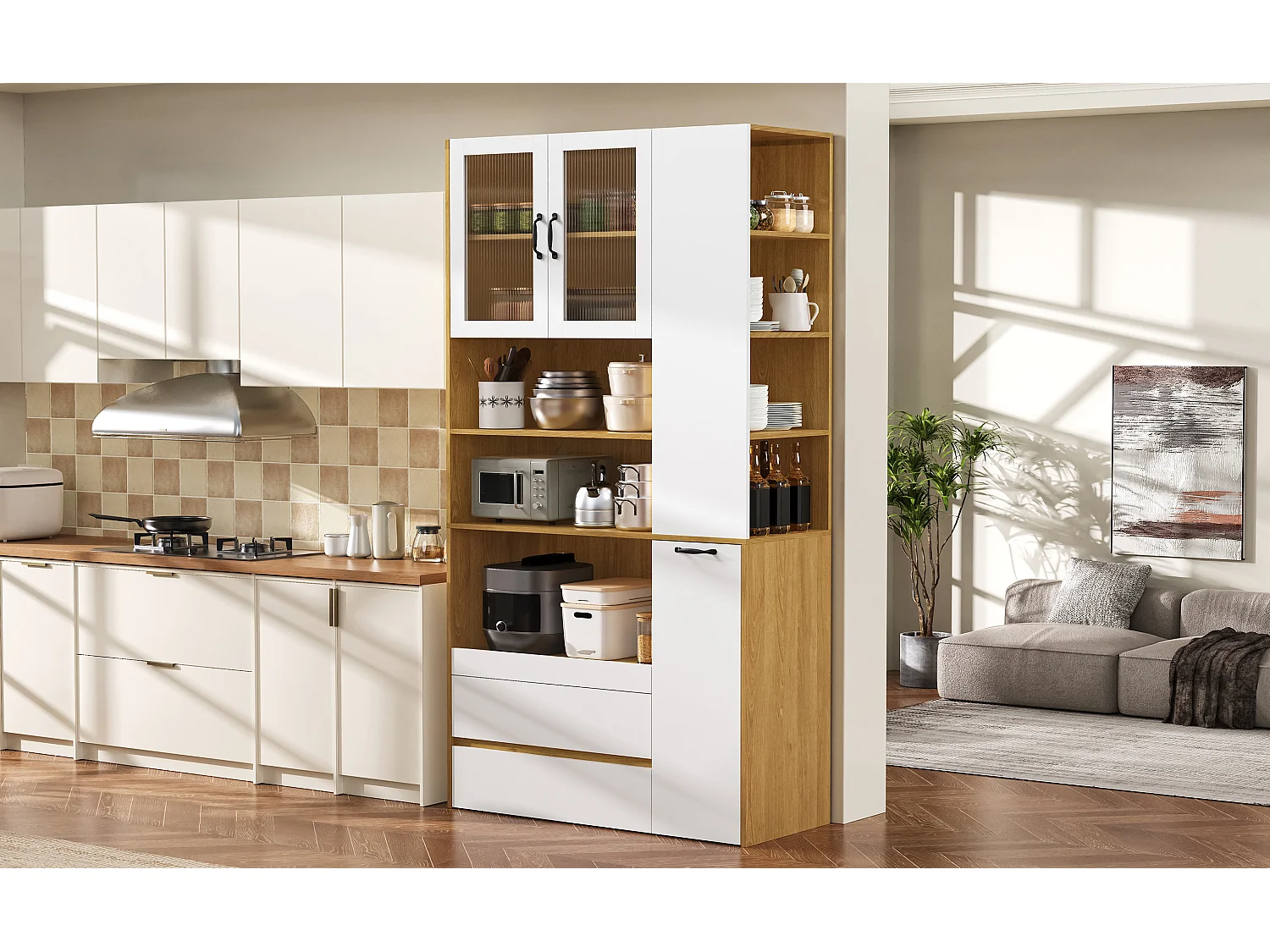 Buffet de cuisine avec tiroirs et portes verre, blanc + naturel 100x40x200 cm