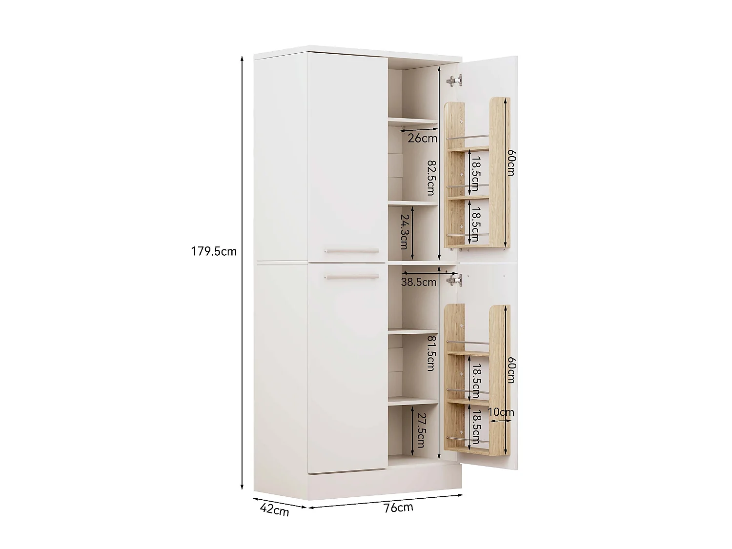 Armoire de cuisine haute blanche avec 4 portes et étagères réglables 76 x 42 x 179.5 cm
