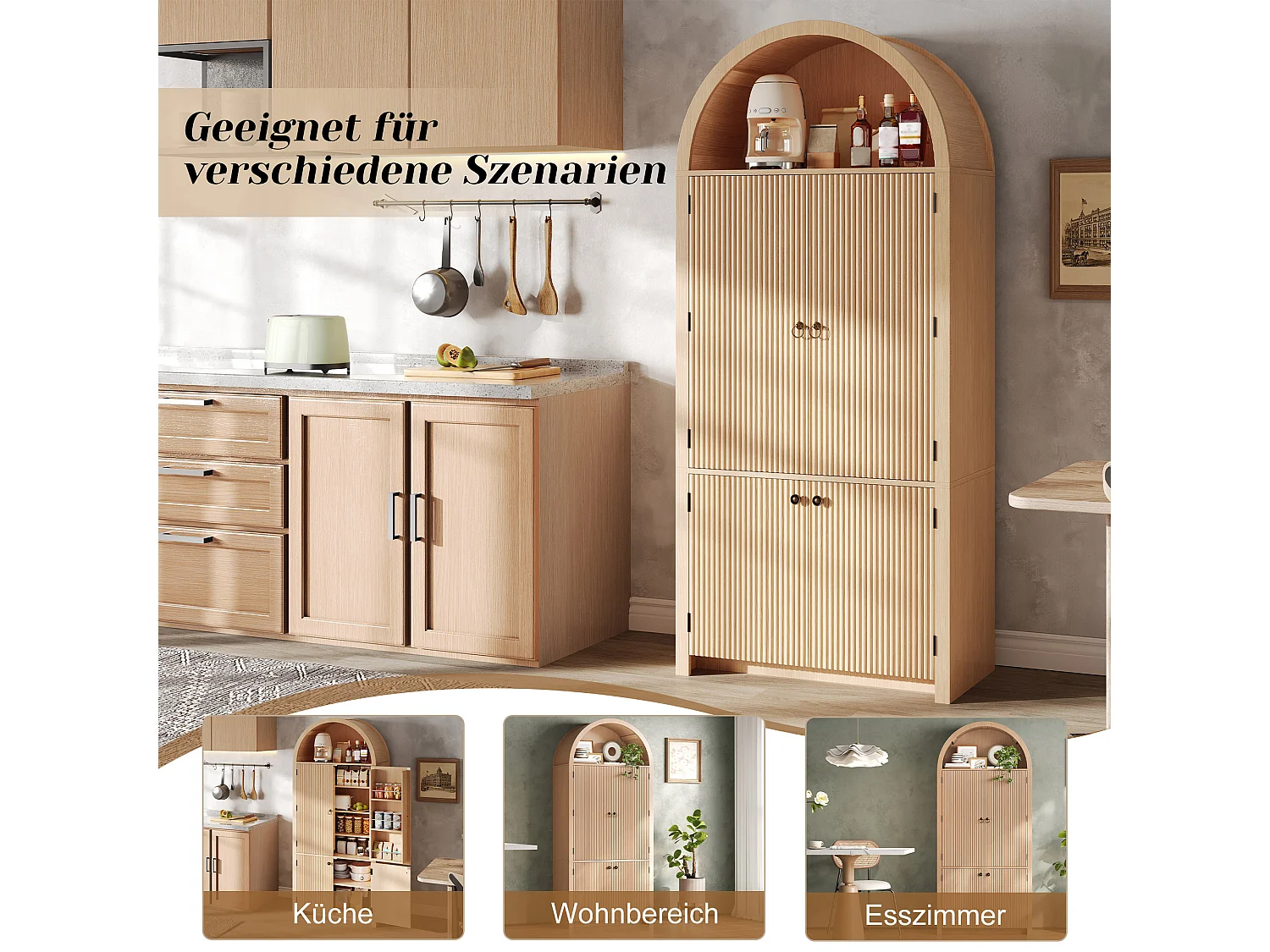 Buffet de cuisine cintrée 80x40x180cm - avec 4 portes - étagère supérieure ouverte - aspect grain de bois - Naturel