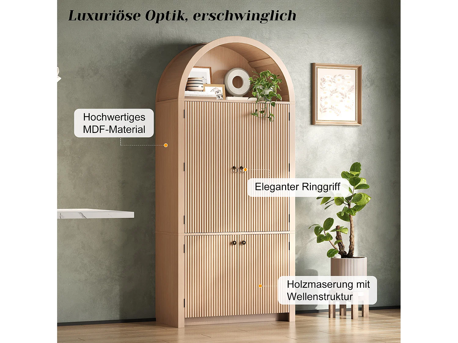 Buffet de cuisine cintrée 80x40x180cm - avec 4 portes - étagère supérieure ouverte - aspect grain de bois - Naturel
