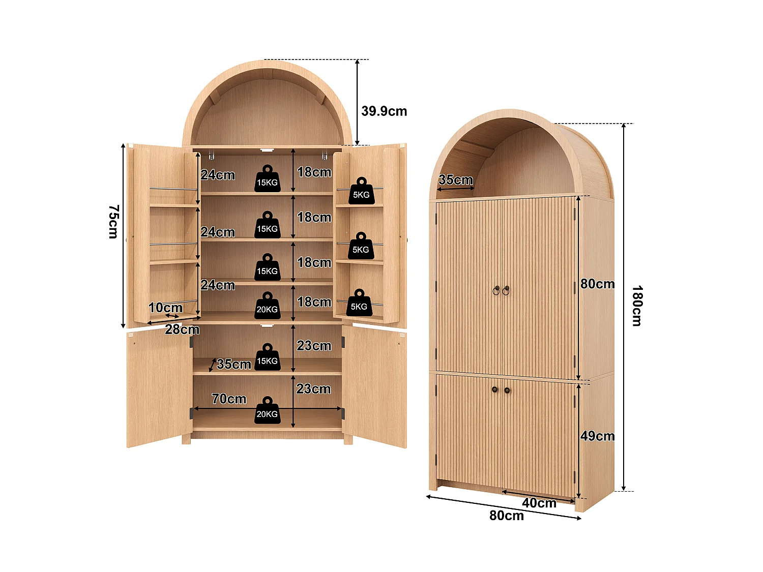 Buffet de cuisine cintrée 80x40x180cm - avec 4 portes - étagère supérieure ouverte - aspect grain de bois - Naturel