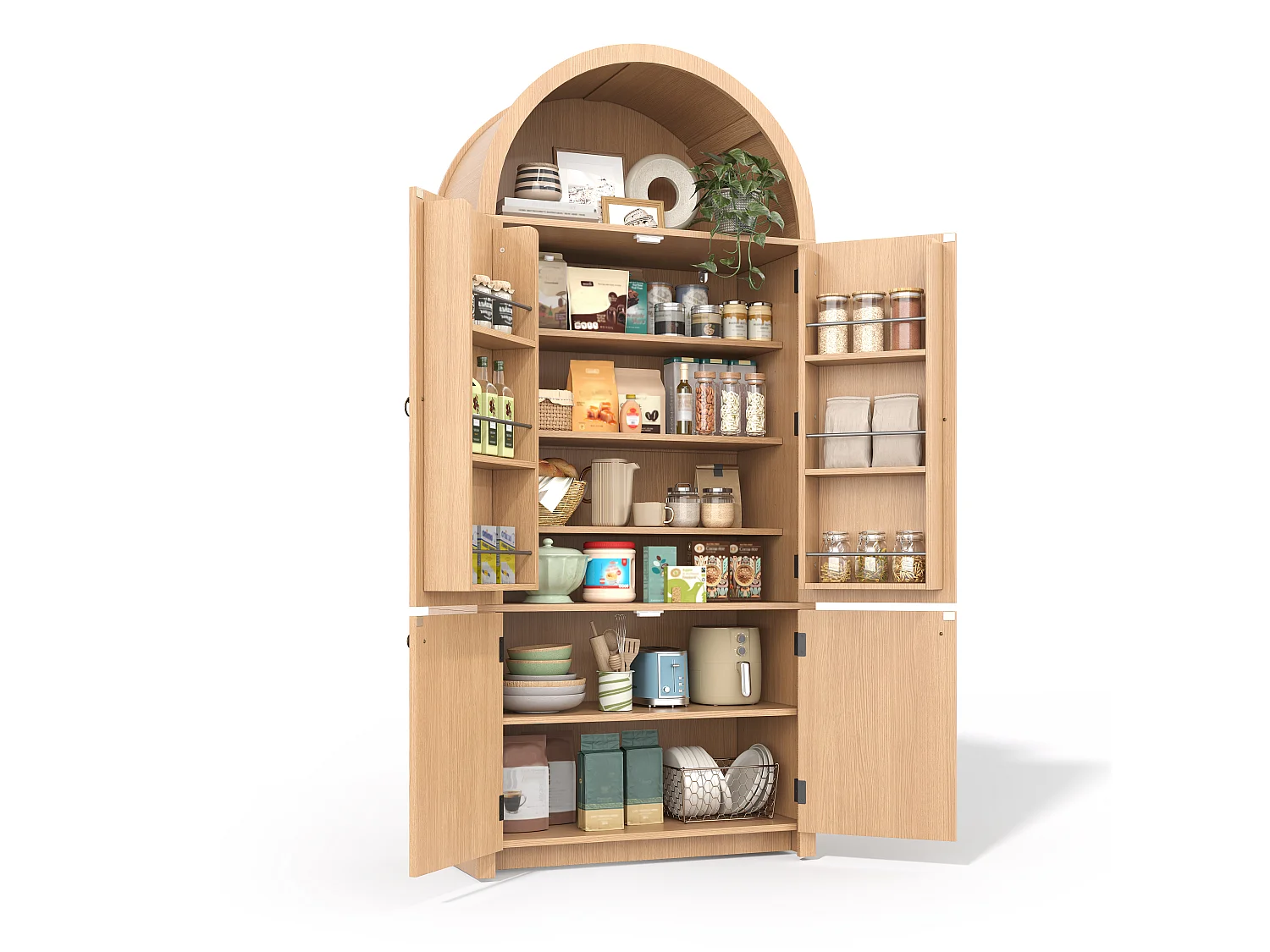 Buffet de cuisine cintrée 80x40x180cm - avec 4 portes - étagère supérieure ouverte - aspect grain de bois - Naturel