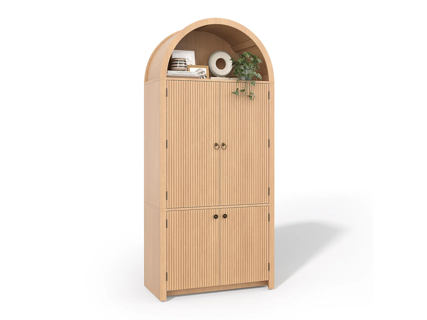 Buffet de cuisine cintrée 80x40x180cm - avec 4 portes - étagère supérieure ouverte - aspect grain de bois - Naturel