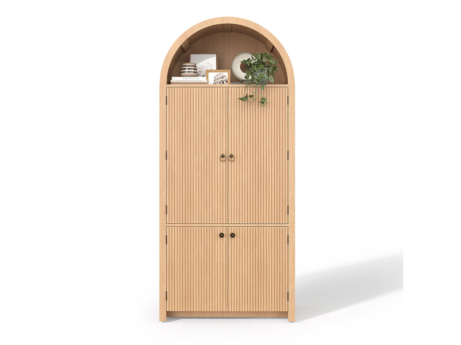 Buffet de cuisine cintrée 80x40x180cm - avec 4 portes - étagère supérieure ouverte - aspect grain de bois - Naturel