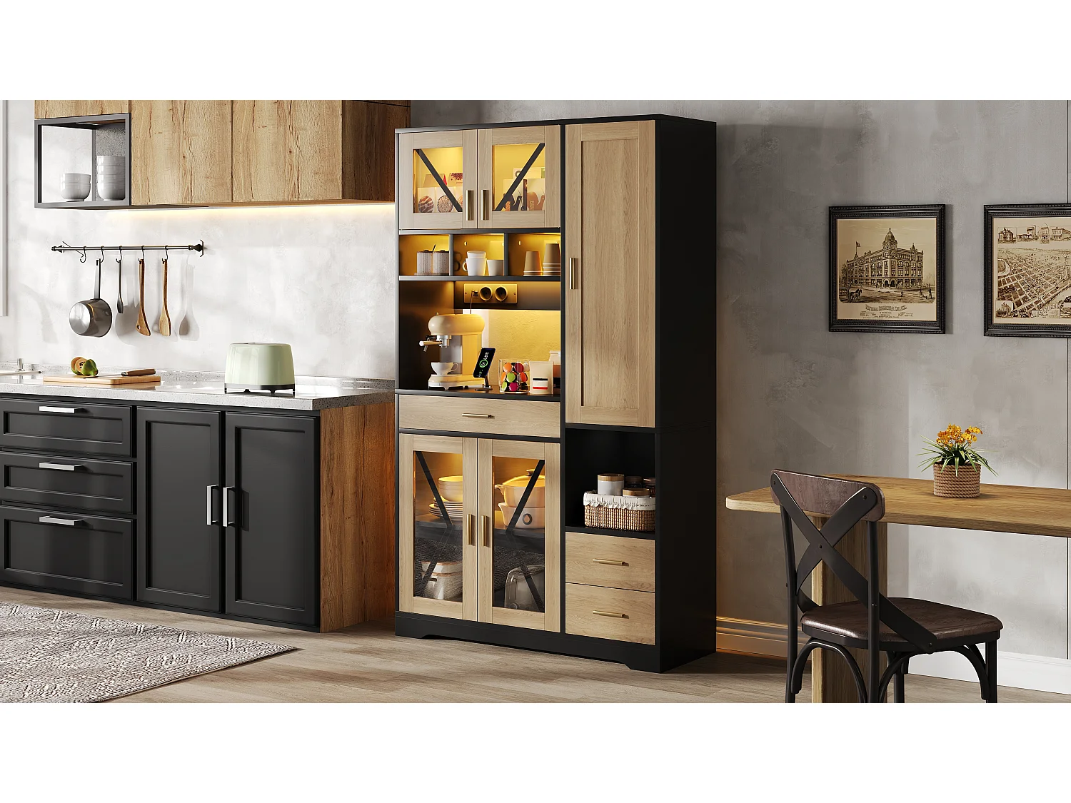 Buffet de cuisine avec étagères réglables, tiroirs, LED et prises - Noir et bois 105×40×185 cm