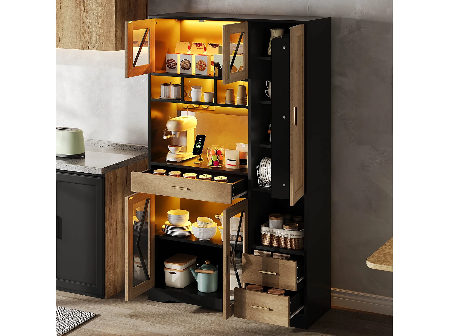 Buffet de cuisine avec étagères réglables, tiroirs, LED et prises - Noir et bois 105×40×185 cm