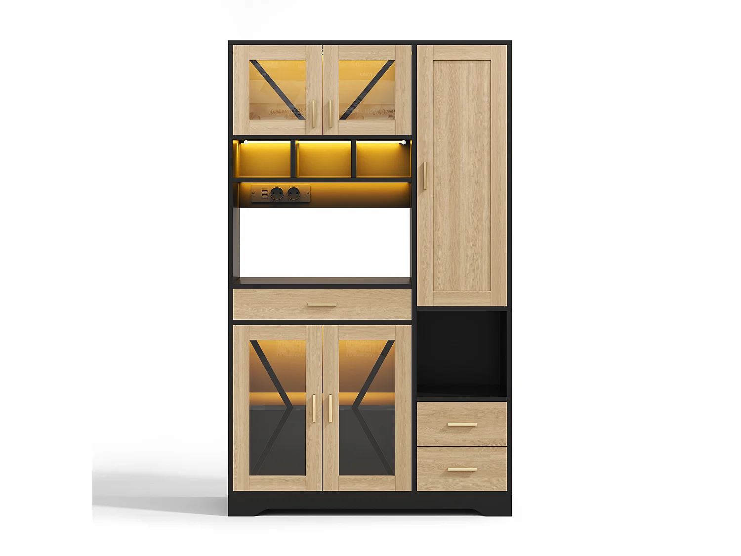 Buffet de cuisine avec étagères réglables, tiroirs, LED et prises - Noir et bois 105×40×185 cm