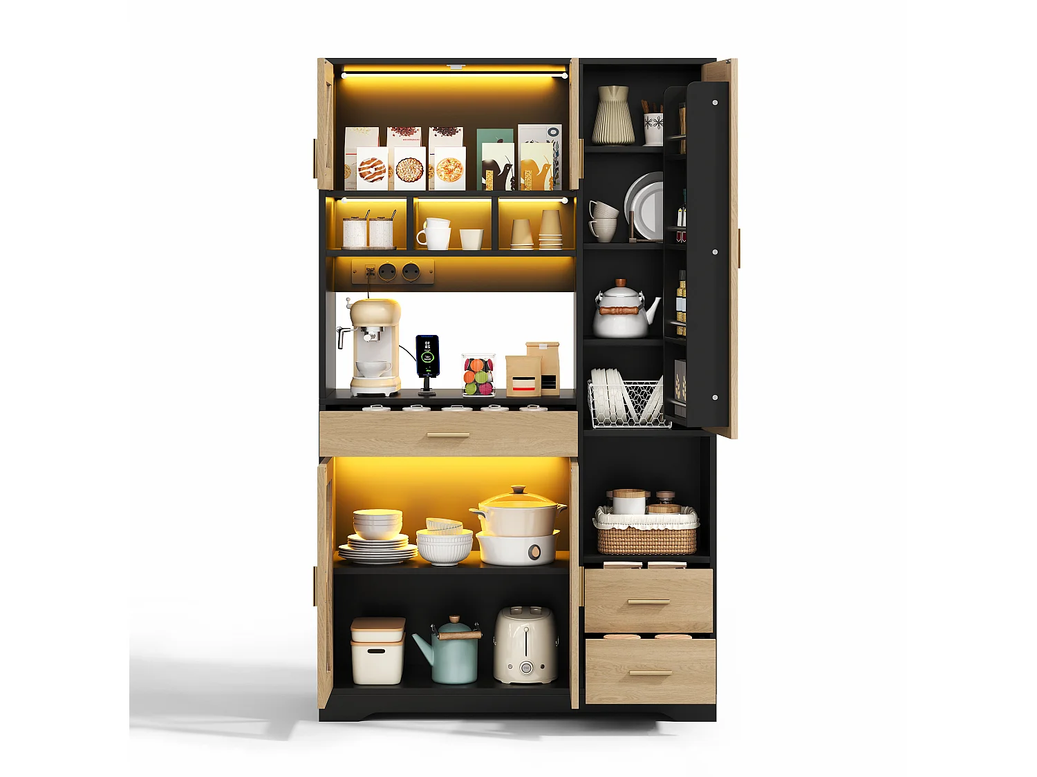 Buffet de cuisine avec étagères réglables, tiroirs, LED et prises - Noir et bois 105×40×185 cm