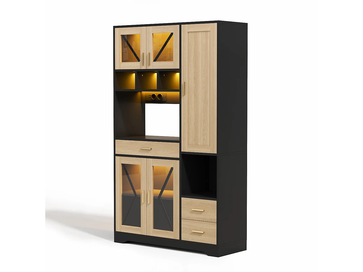 Buffet de cuisine avec étagères réglables, tiroirs, LED et prises - Noir et bois 105×40×185 cm