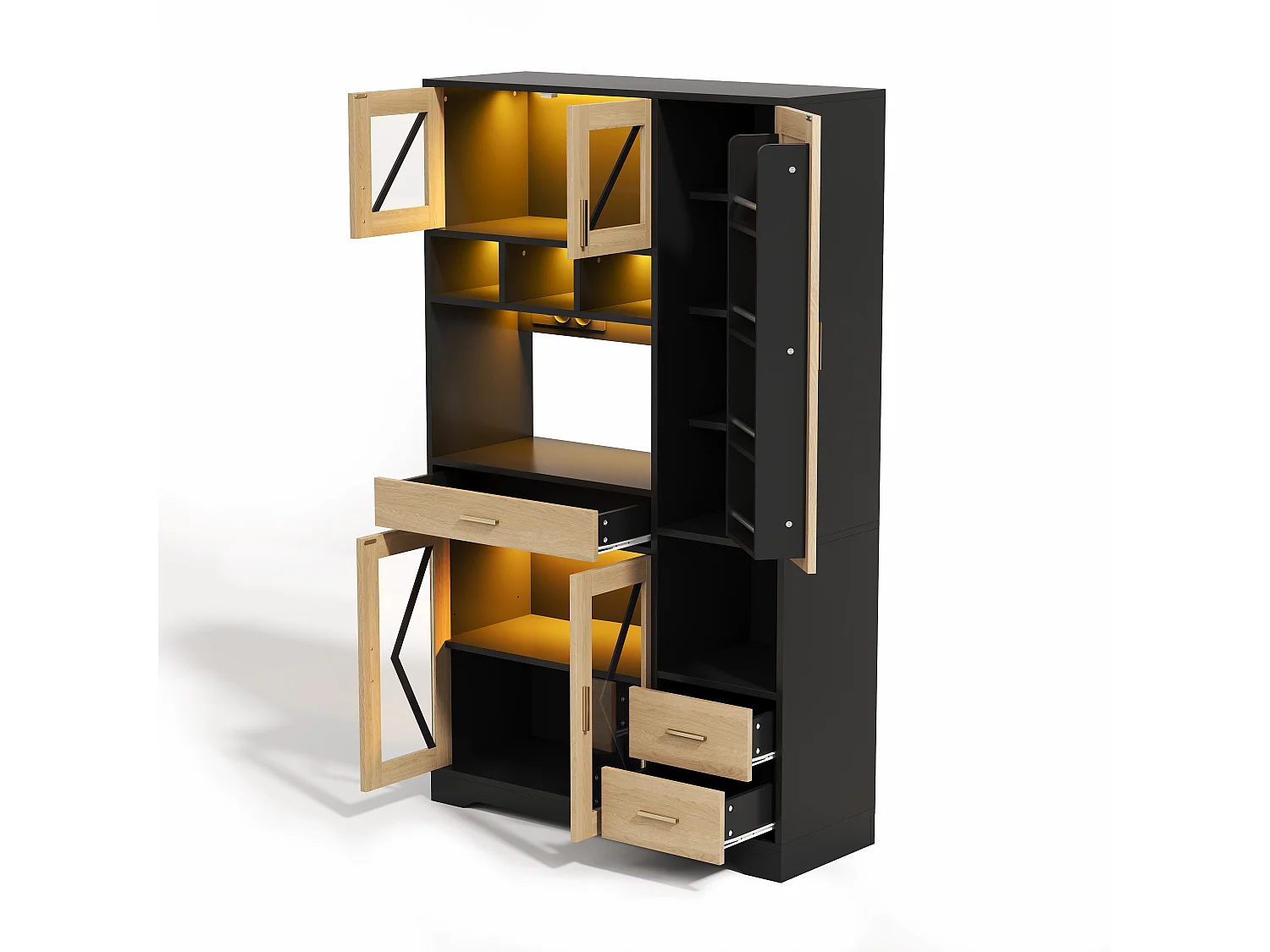Buffet de cuisine avec étagères réglables, tiroirs, LED et prises - Noir et bois 105×40×185 cm
