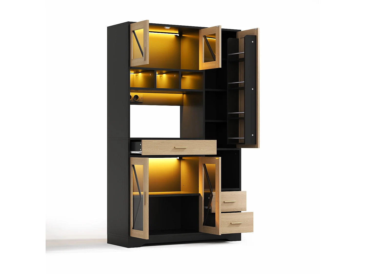 Buffet de cuisine avec étagères réglables, tiroirs, LED et prises - Noir et bois 105×40×185 cm