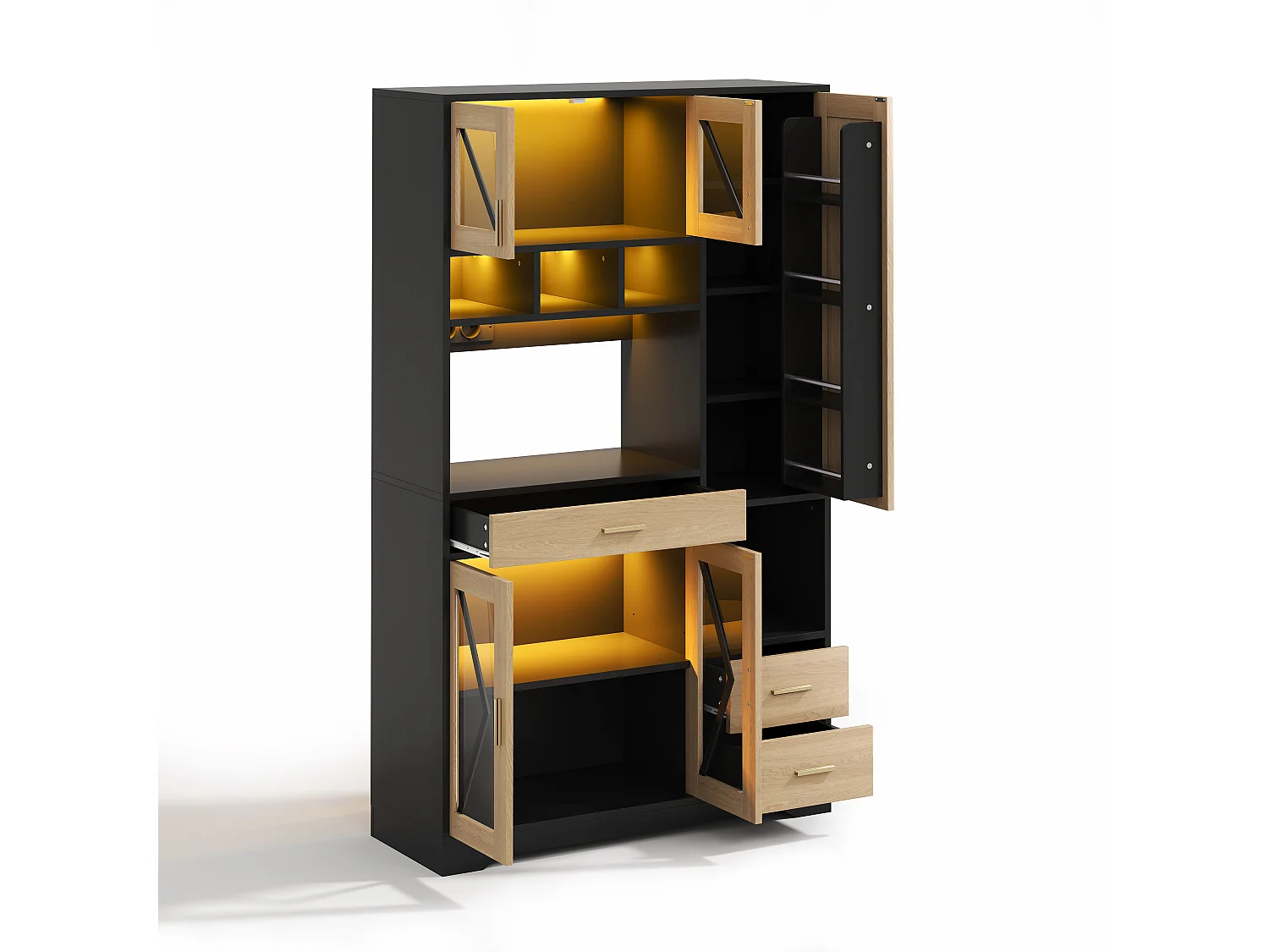 Buffet de cuisine avec étagères réglables, tiroirs, LED et prises - Noir et bois 105×40×185 cm