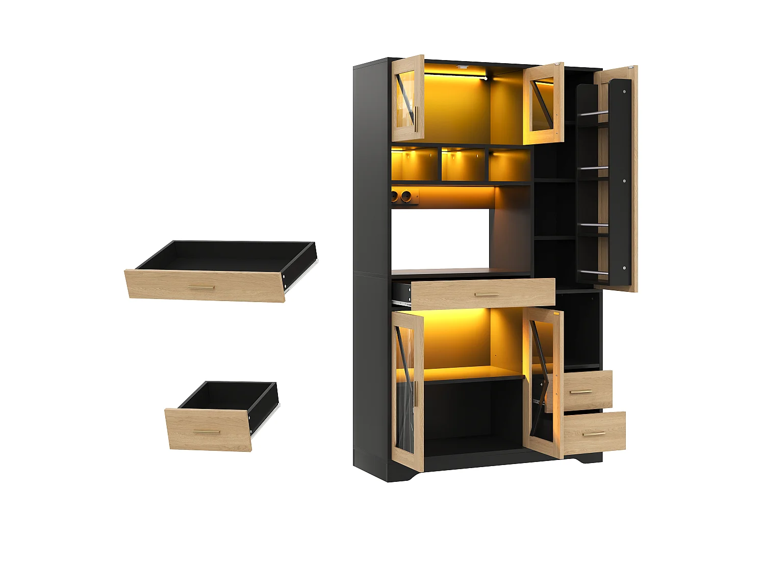 Buffet de cuisine avec étagères réglables, tiroirs, LED et prises - Noir et bois 105×40×185 cm