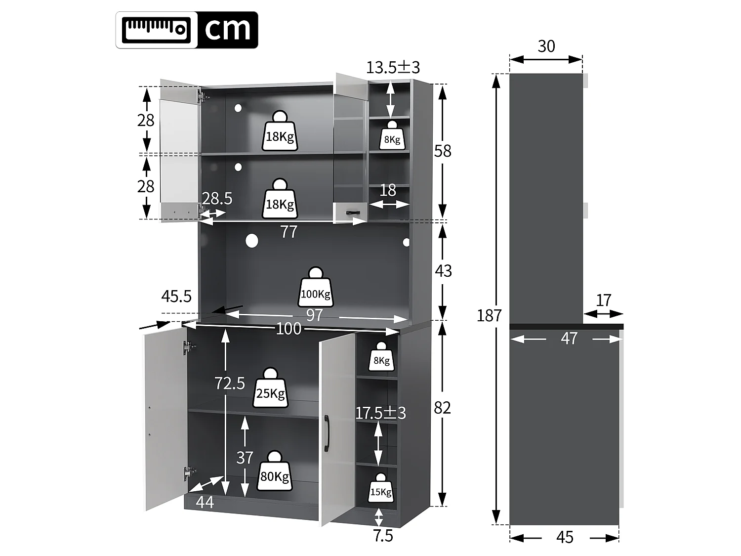 Kitchen sideboard 100x47x187cm - with LED lighting - 2 doors - White + Black