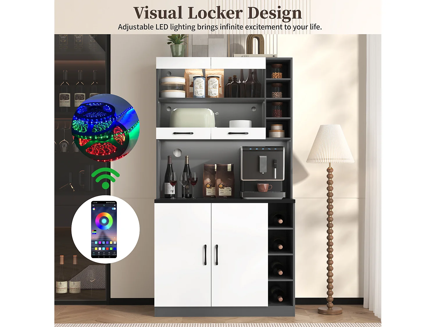 Kitchen sideboard 100x47x187cm - with LED lighting - 2 doors - White + Black