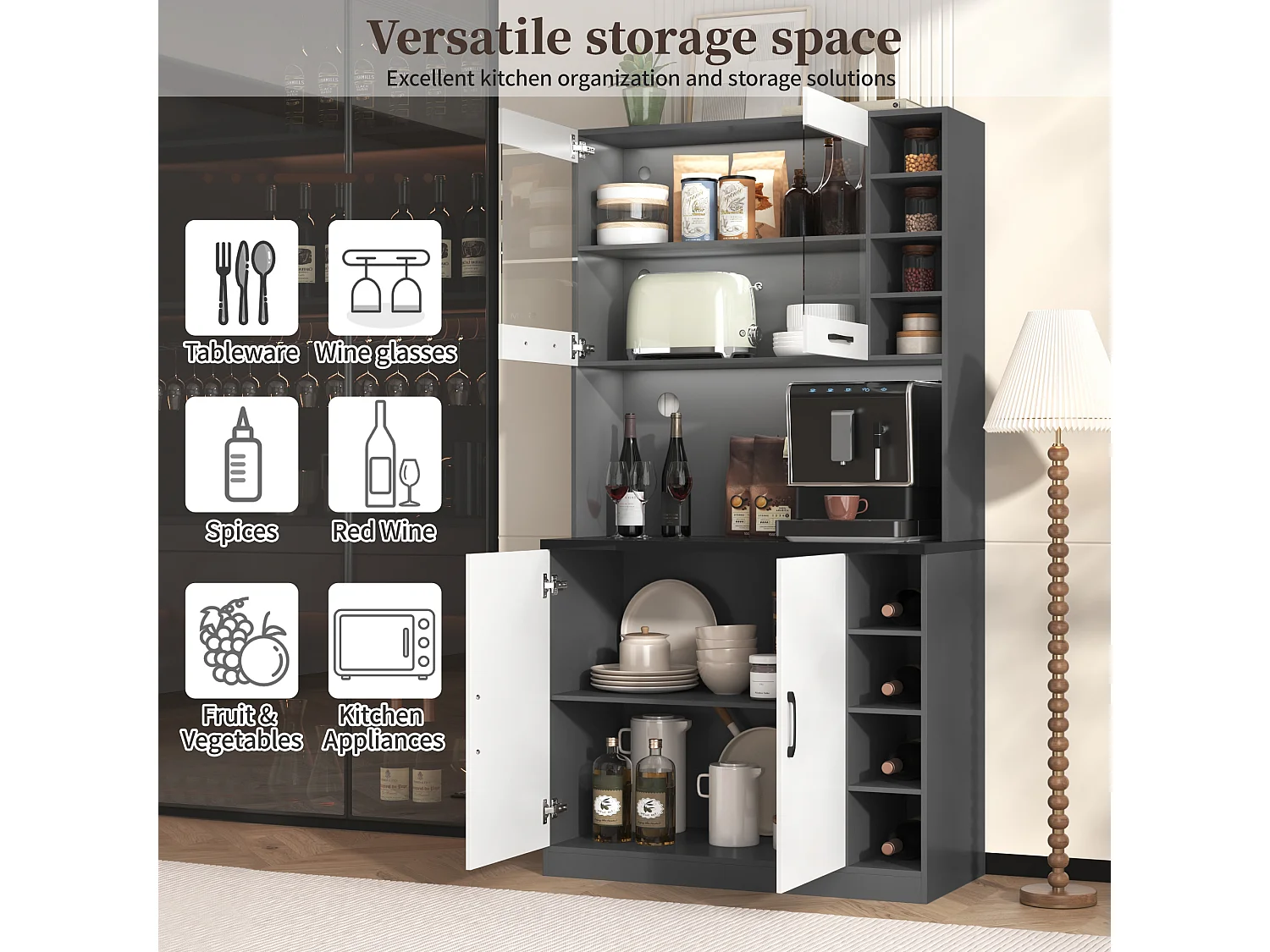 Kitchen sideboard 100x47x187cm - with LED lighting - 2 doors - White + Black