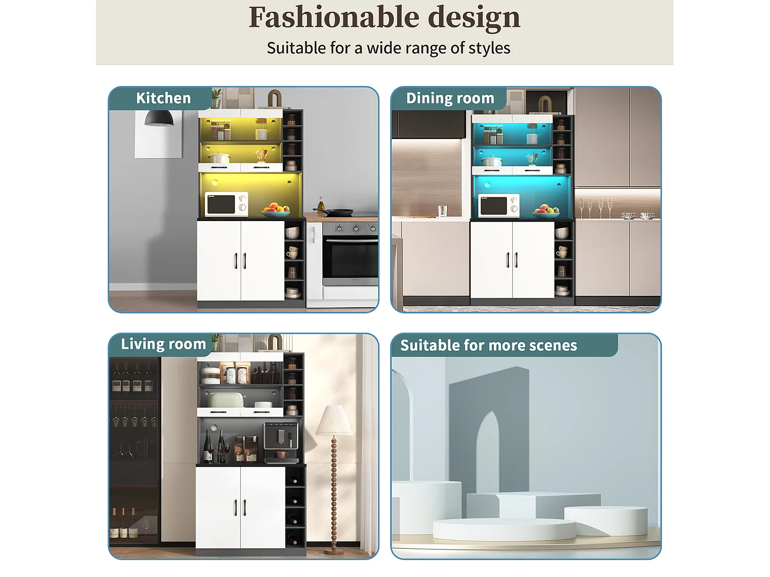Kitchen sideboard 100x47x187cm - with LED lighting - 2 doors - White + Black